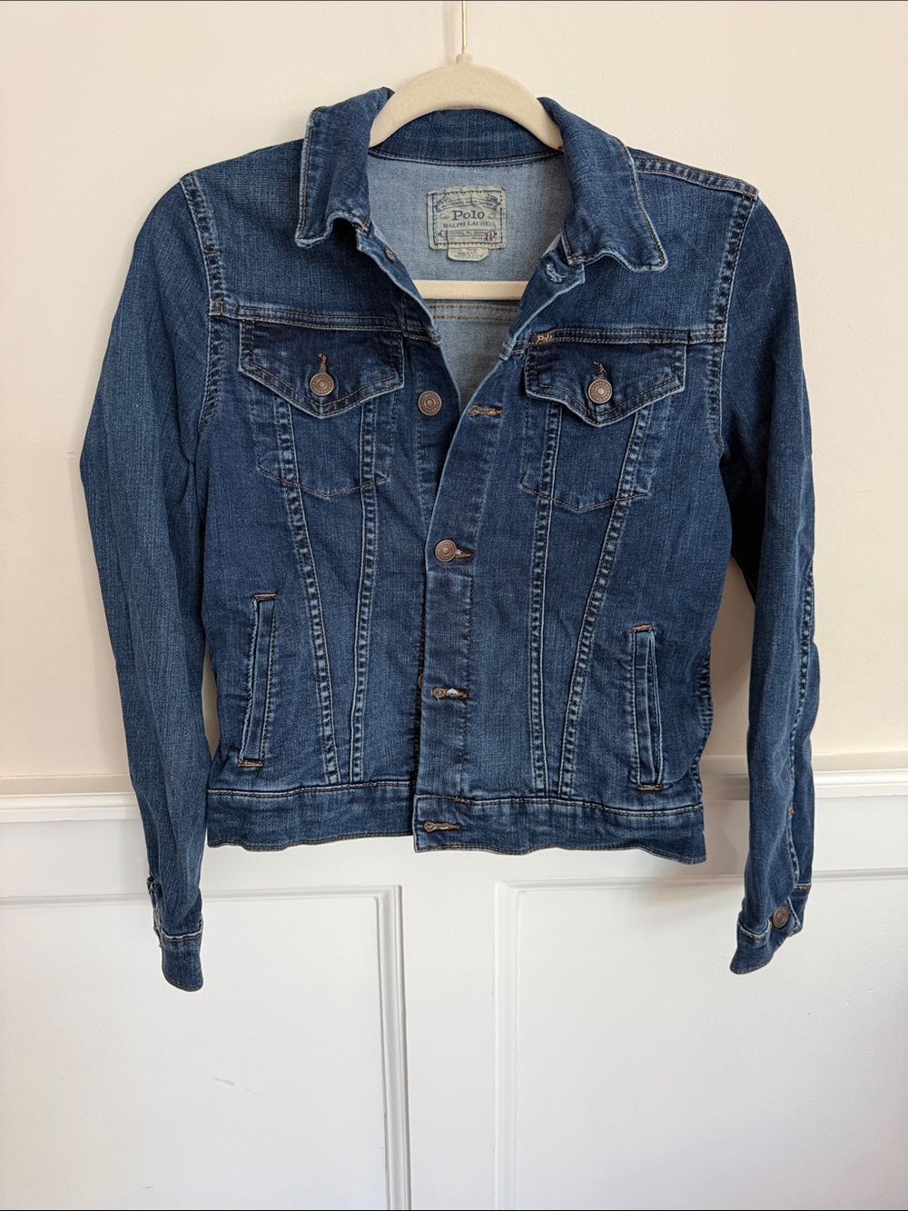 Ralph Lauren light blue denim jacket with tan trim